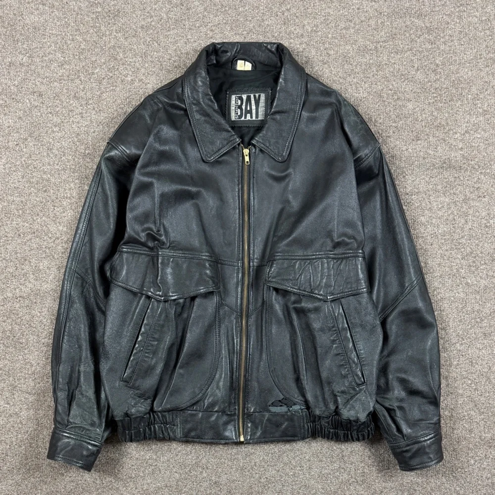 Vintage 90s Black Genuine Leather Distressed Full Zip Bomber Jacket Mens Size XL